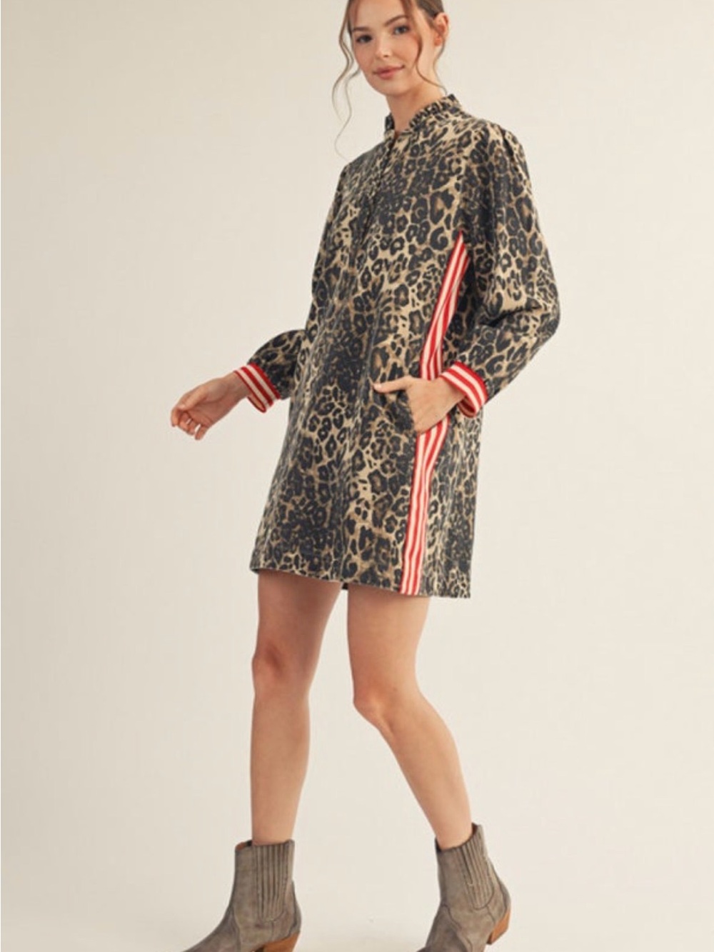 JODIFL Leopard Print Shift Dress with Red Stripe Detail